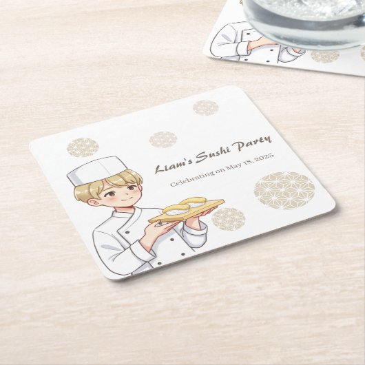 Sushi Birthday Party Invitation with Cute Anime  スクエアペーパーコースター (アングル)