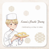 Sushi Birthday Party Invitation with Cute Anime  スクエアペーパーコースター (正面)