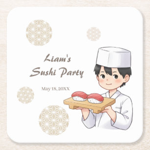 Sushi Birthday Party Invitation with Cute Anime  スクエアペーパーコースター