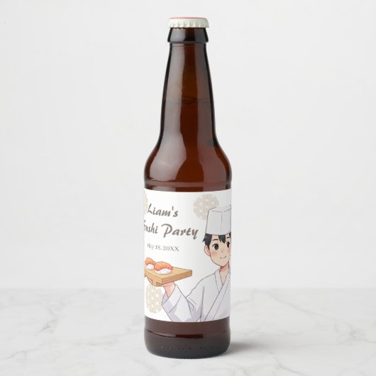 Sushi Birthday Party Invitation with Cute Anime  ビールラベル (正面)