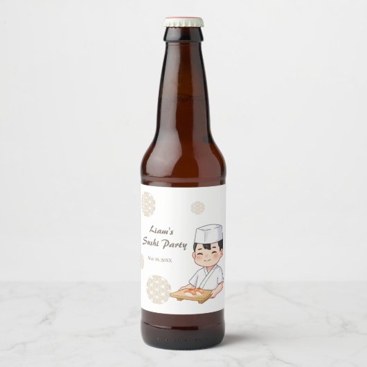 Sushi Birthday Party Invitation with Cute Anime ビールラベル (正面)