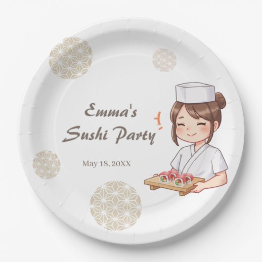 Sushi Birthday Party Invitation with Cute Anime  ペーパープレート (正面)