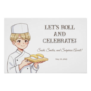 Sushi Birthday Party Invitation with Cute Anime  ポスター
