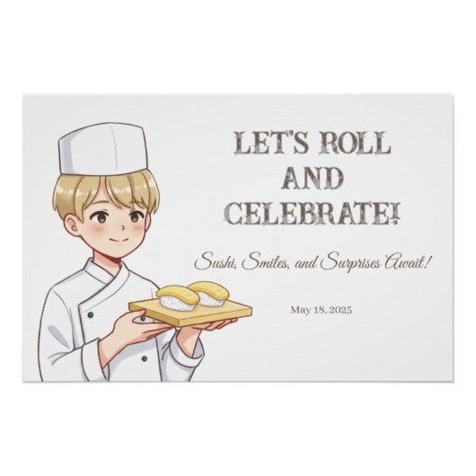 Sushi Birthday Party Invitation with Cute Anime  ポスター (正面)