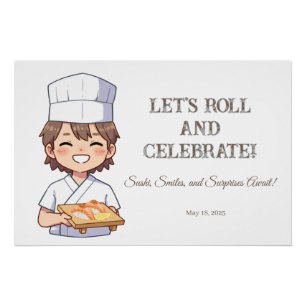 Sushi Birthday Party Invitation with Cute Anime  ポスター