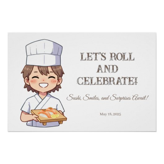 Sushi Birthday Party Invitation with Cute Anime  ポスター (正面)