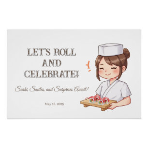 Sushi Birthday Party Invitation with Cute Anime ポスター