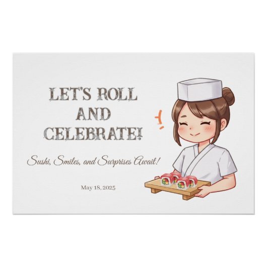 Sushi Birthday Party Invitation with Cute Anime  ポスター (正面)