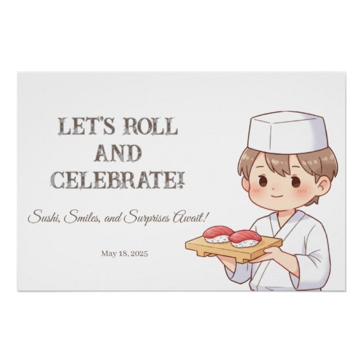 Sushi Birthday Party Invitation with Cute Anime  ポスター (正面)
