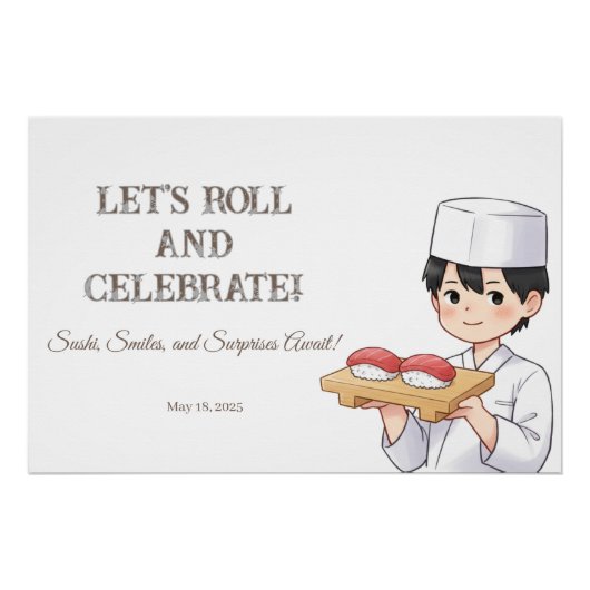 Sushi Birthday Party Invitation with Cute Anime  ポスター (正面)