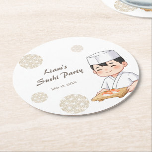Sushi Birthday Party Invitation with Cute Anime  ラウンドペーパーコースター