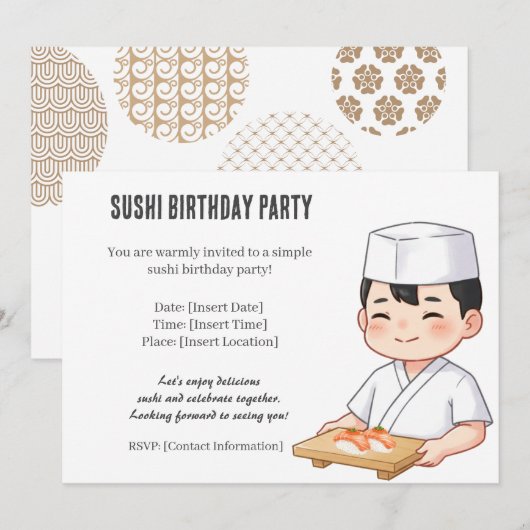 Sushi Birthday Party Invitation with Cute Anime 招待状 (正面/裏面)