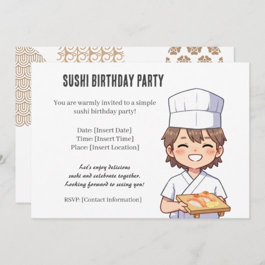 Sushi Birthday Party Invitation with Cute Anime  招待状 (正面/裏面)
