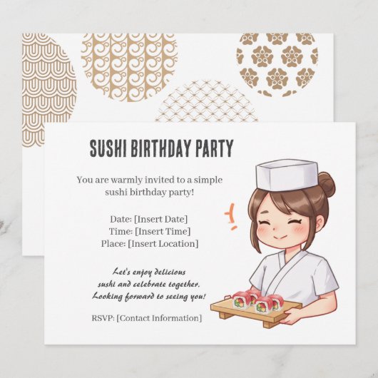 Sushi Birthday Party Invitation with Cute Anime 招待状 (正面/裏面)