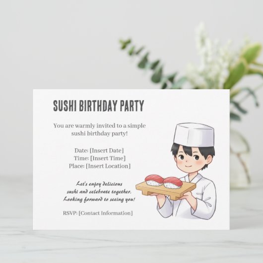 Sushi Birthday Party Invitation with Cute Anime  招待状 (スタンド正面)