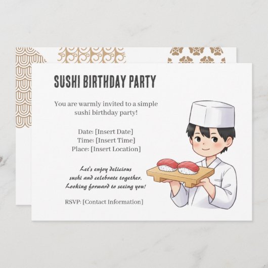 Sushi Birthday Party Invitation with Cute Anime  招待状 (正面/裏面)
