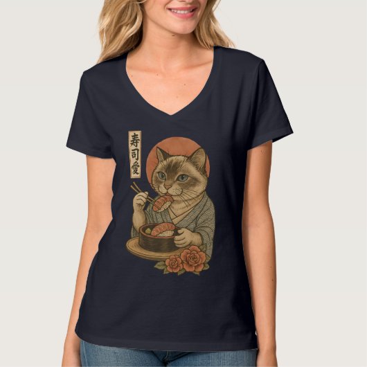 Sushi Cat – Elegant Japanese Style Cat Eating Sush Tシャツ (正面)