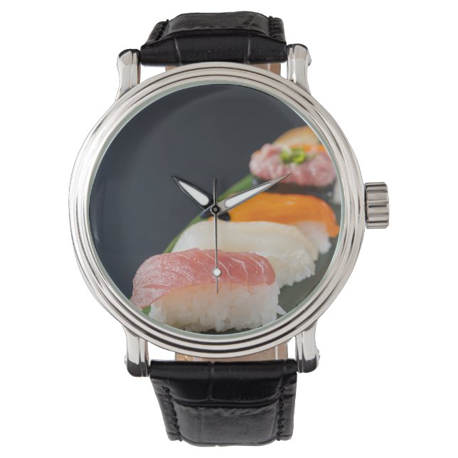 Sushi Elegance Watch – Classic Black & Leaf 腕時計 (正面)