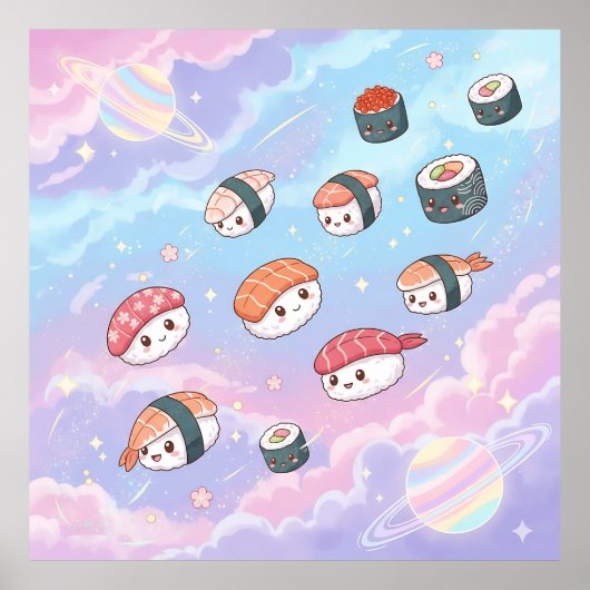 Sushi Flying in Pastel Galaxy Sky ポスター (正面)