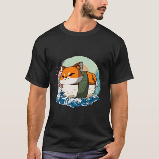 Sushi Fox Japanese Great Wave Kanagawa Tシャツ (正面)