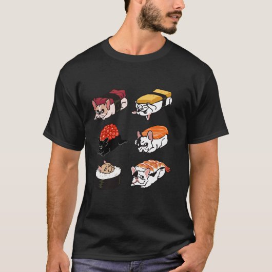 Sushi Frenchie Dogおもしろいかわいいアニメロ日本のフ Tシャツ (正面)