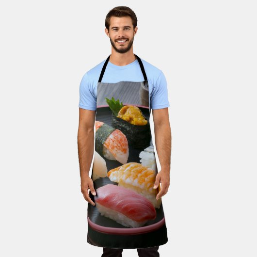 Sushi Harmony Apron – Classic Nigiri Delight エプロン (着用した状態)