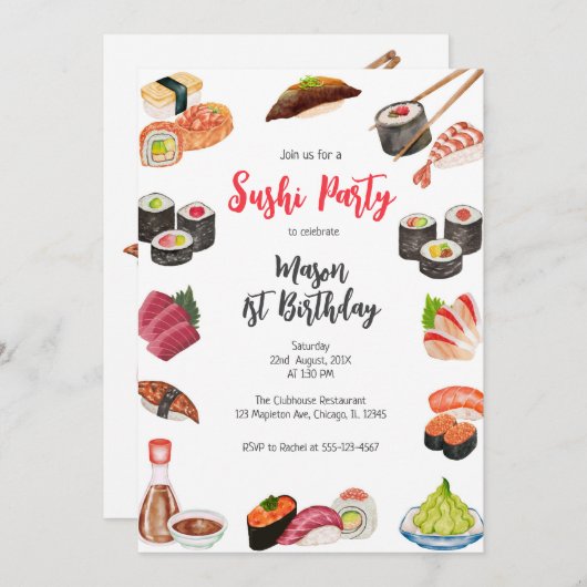 Sushi Party Birthday Invitation 招待状 (正面/裏面)