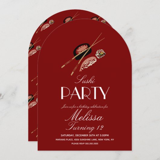 Sushi Rolls Chopsticks Japan Saki Birthday Party 招待状 (正面/裏面)