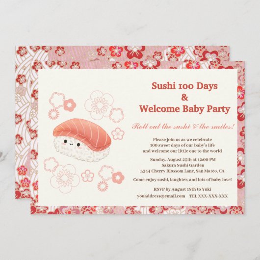 Sushi-Themed 100 Days Baby Celebration Invitation 招待状 (正面/裏面)