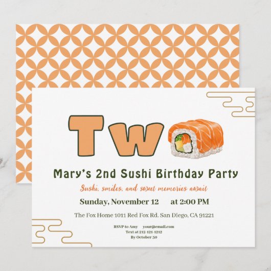  Sushi-Themed 2nd Birthday Invitation 招待状 (正面/裏面)