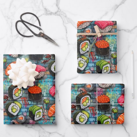 Sushi Wrapping Paper Flat Sheet Set of 3 ラッピングペーパーシート (正面)