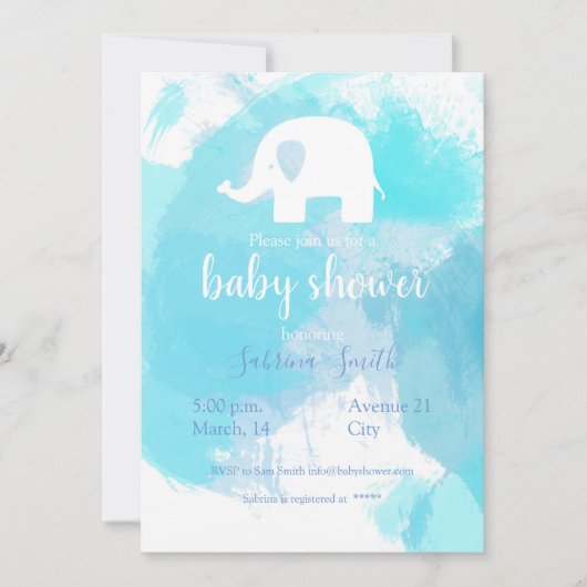 süße Baby Party Einladung blau aquarell Elefant 招待状 (正面)