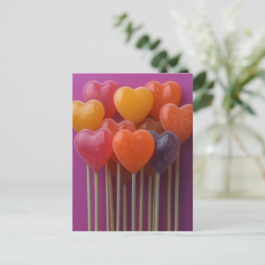Süße bunte Herz Lollipops Valentinstag ポストカード (スタンド正面)