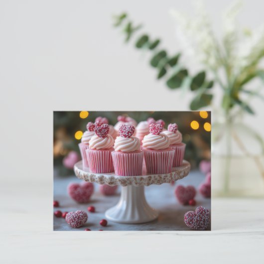 Süße Cupcakes mit Herzen Valentinstag ポストカード (スタンド正面)