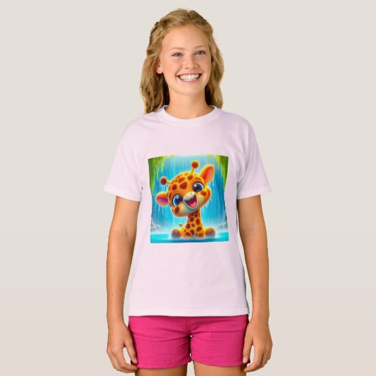 Süsse Giraffe am Wasserfall Tシャツ (正面フル)