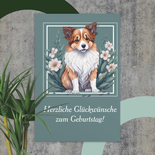 Süßer Collie umringt von Blumen - カード