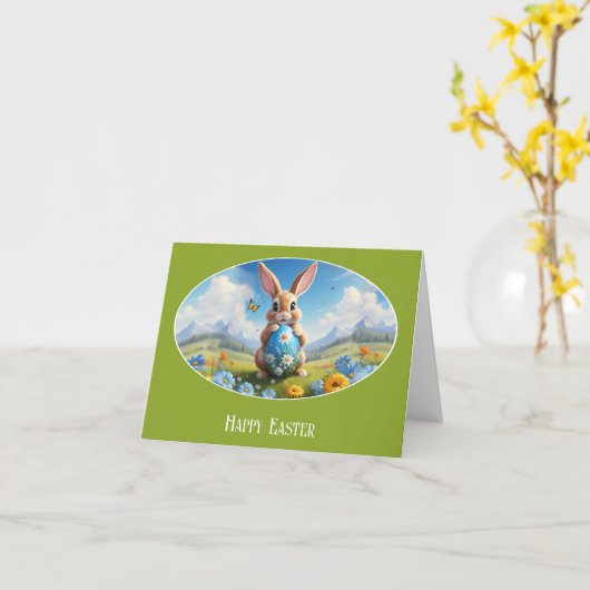 Süßer Osterhase in Landschaft -  カード (黄色い花)