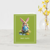 Süßer Osterhase mit einem Osterei - カード (黄色い花)