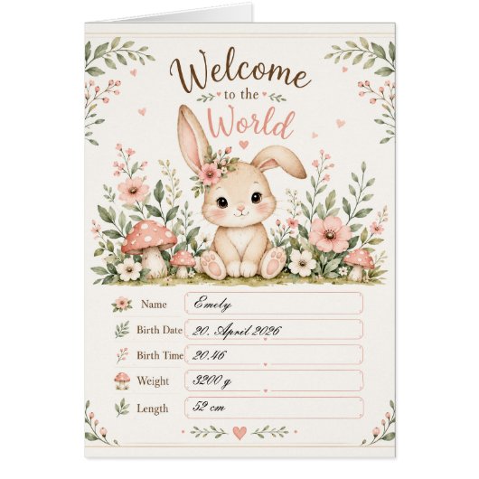 Süßes Baby Hasen Design mit Geburtsdaten Feldern (正面)