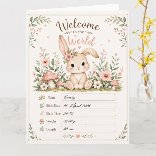 Süßes Baby Hasen Design mit Geburtsdaten Feldern カード (黄色い花)