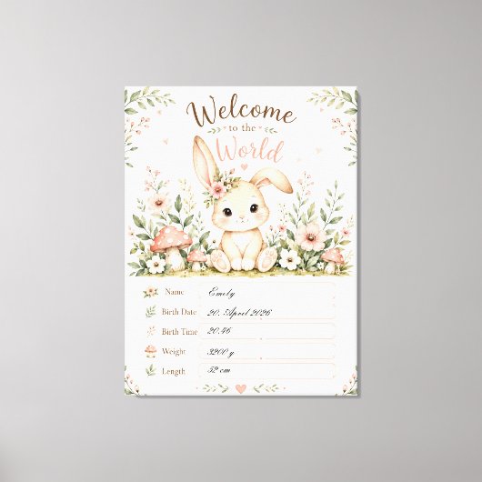 Süßes Baby Hasen Design mit Geburtsdaten Feldern キャンバスプリント (正面)