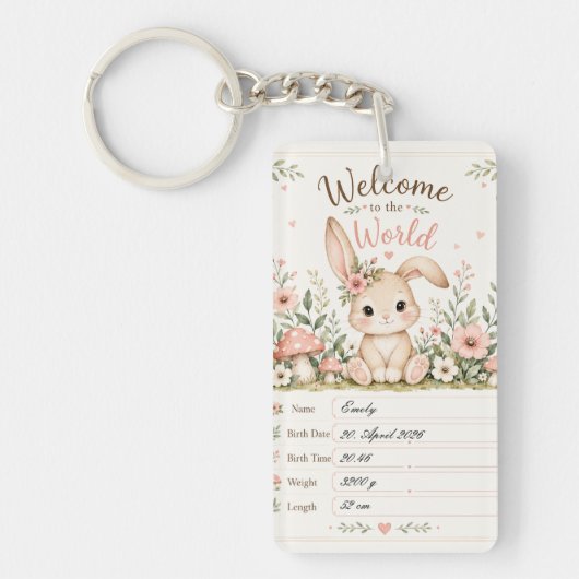 Süßes Baby Hasen Design mit Geburtsdaten Feldern キーホルダー (正面)