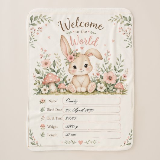 Süßes Baby Hasen Design mit Geburtsdaten Feldern シェルパブランケット (正面)