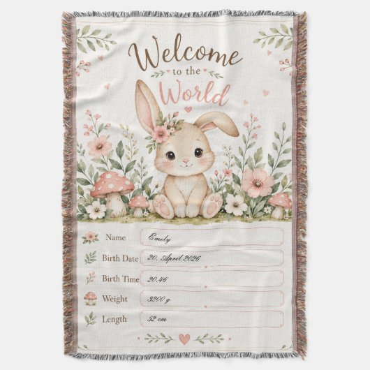 Süßes Baby Hasen Design mit Geburtsdaten Feldern スローブランケット (正面縦)