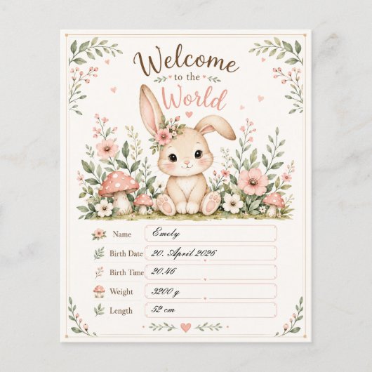 Süßes Baby Hasen Design mit Geburtsdaten Feldern チラシ (正面)
