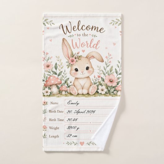 Süßes Baby Hasen Design mit Geburtsdaten Feldern ハンドタオル (ハンドタオル)