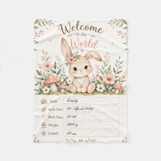 Süßes Baby Hasen Design mit Geburtsdaten Feldern フリースブランケット (正面)