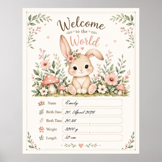 Süßes Baby Hasen Design mit Geburtsdaten Feldern ポスター (正面)