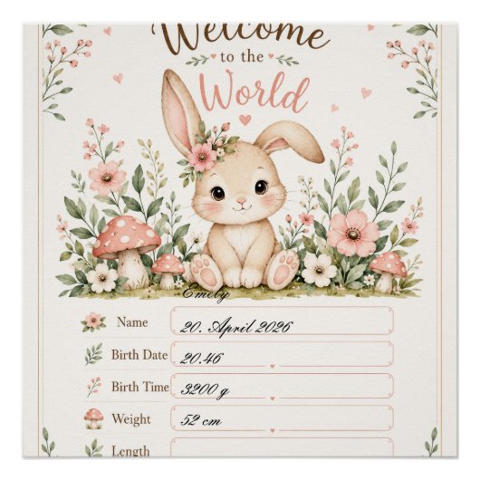 Süßes Baby Hasen Design mit Geburtsdaten Feldern ポスター (正面)