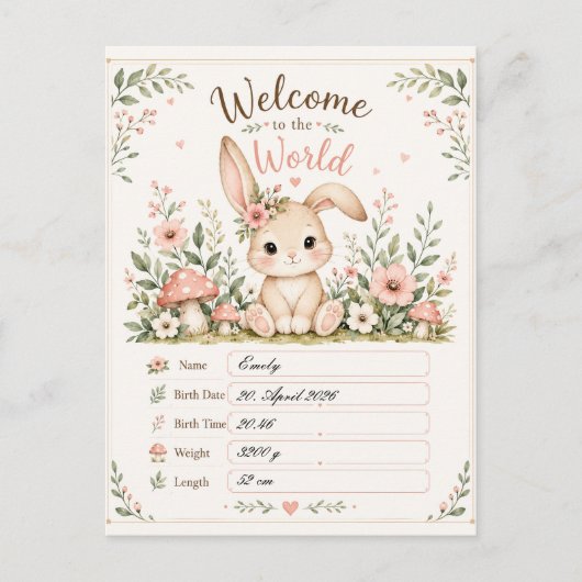 Süßes Baby Hasen Design mit Geburtsdaten Feldern ポストカード (正面)